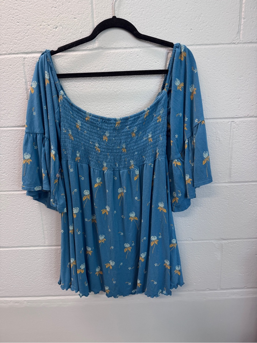 Free People Smocked Mini Dress L Blue Floral Off Shoulder Boho Festival Retro